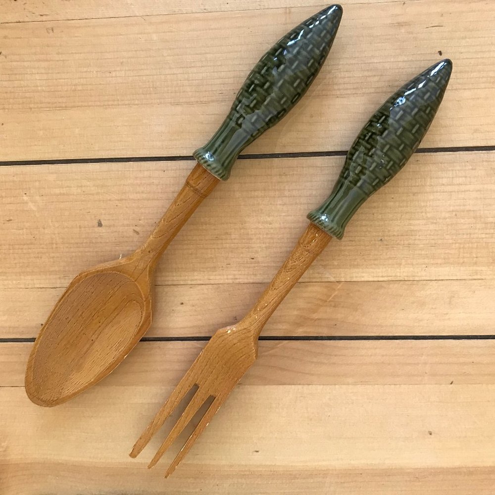 Salad Serving Wood Spoon & Fork Green Basketweave Ceramic Handles Hostess Set